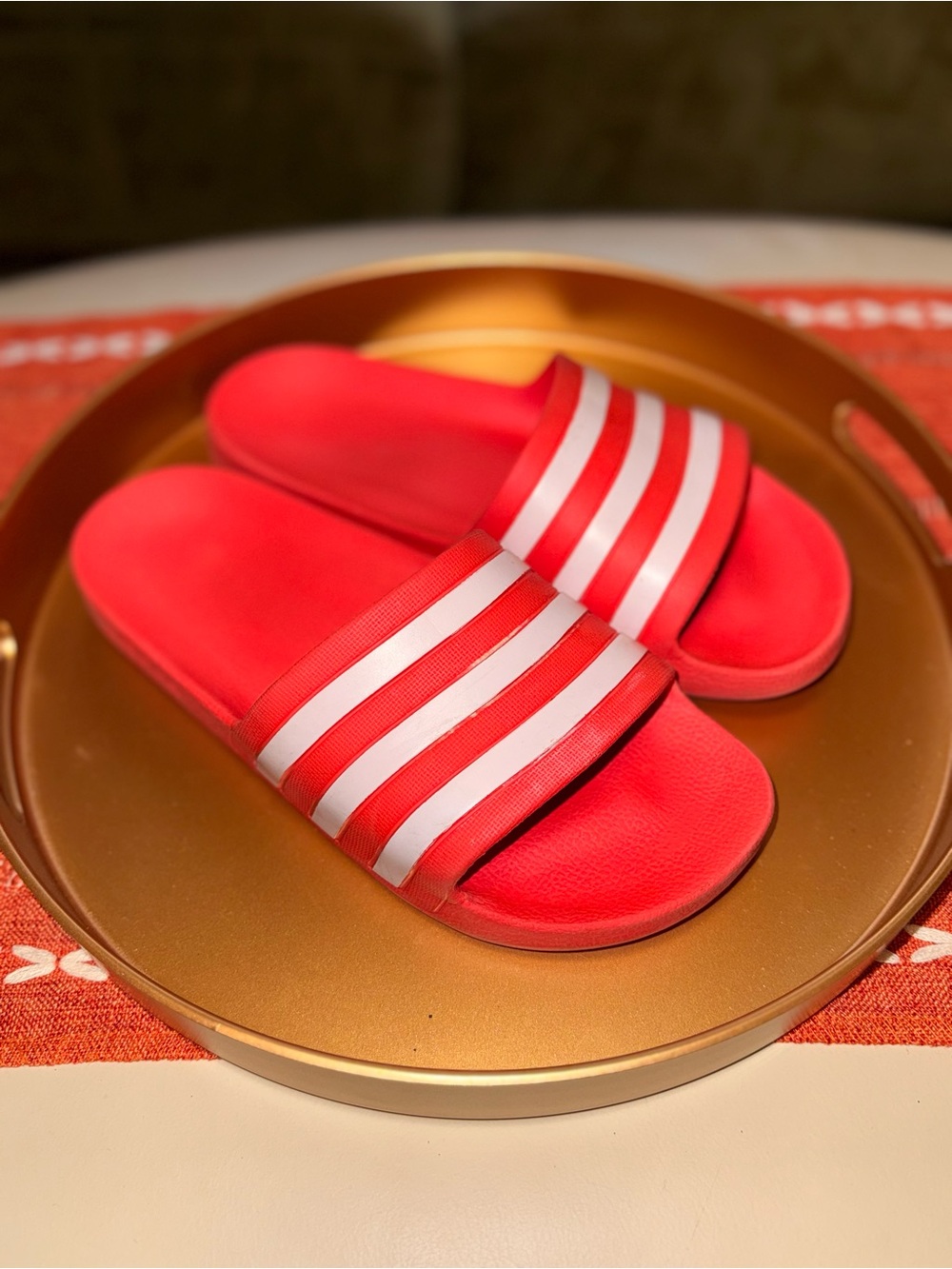 adidas Red Slides with White Stripe Detail